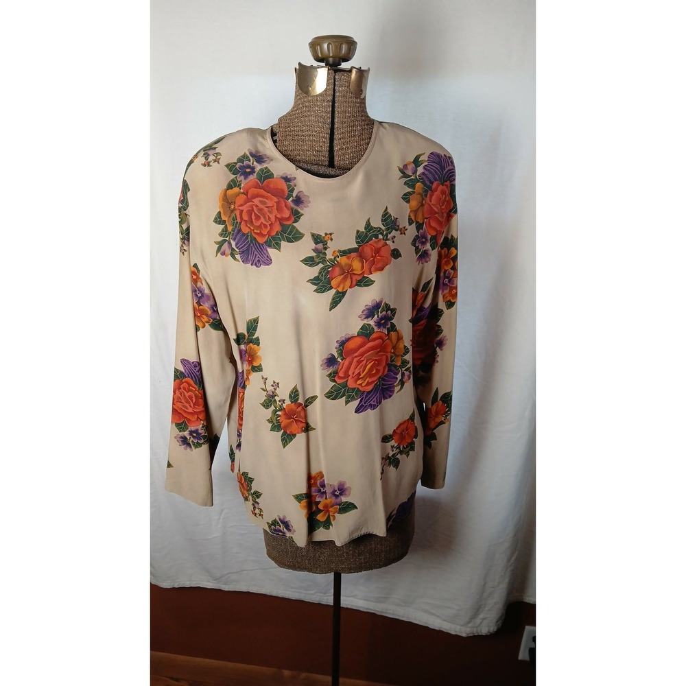 Liz Claiborne Collection 100% Silk Floral Blouse Tan Orange Purple Size 14